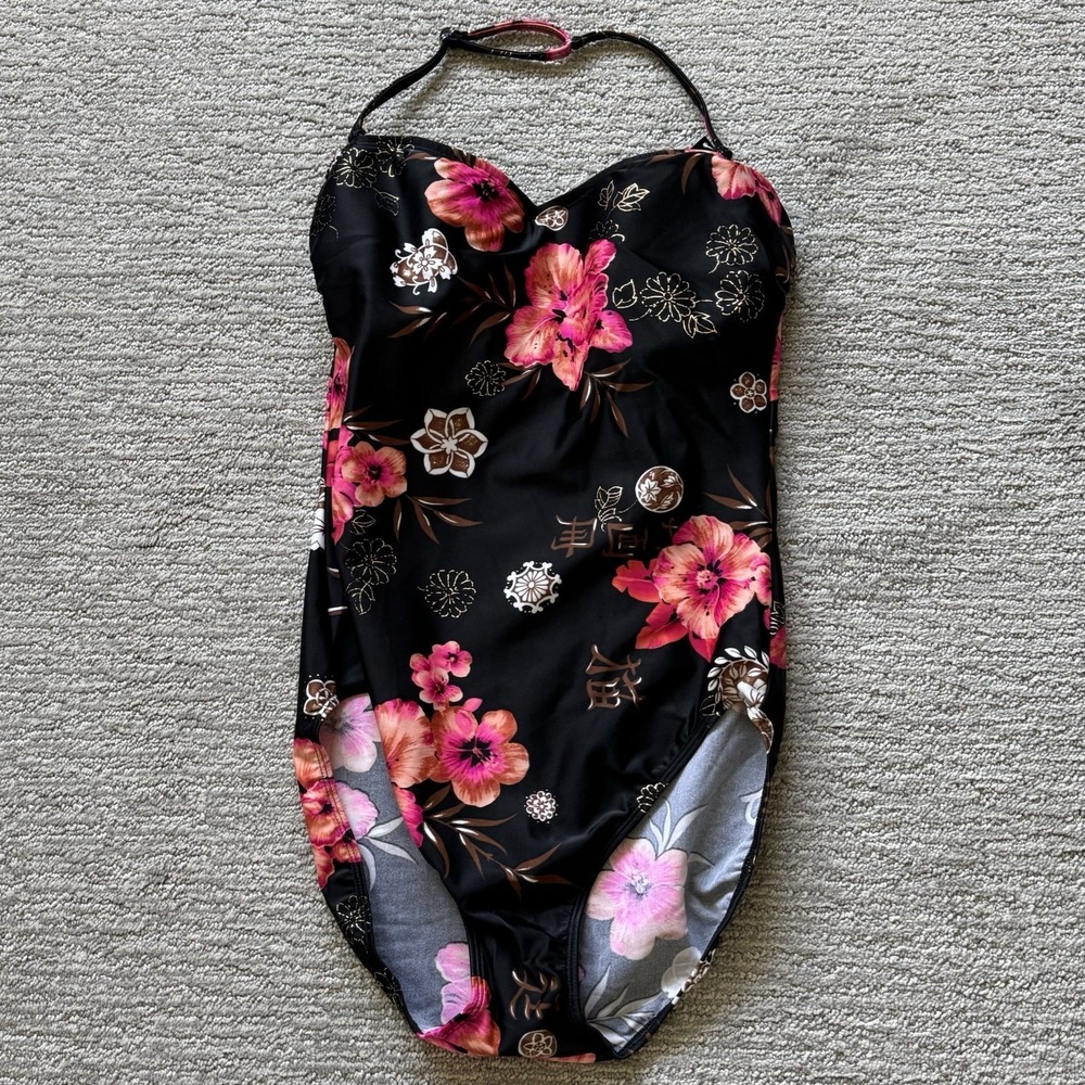 Newport News Size 12T One Piece Black Tropical Print Halter Swim Bathing Suit